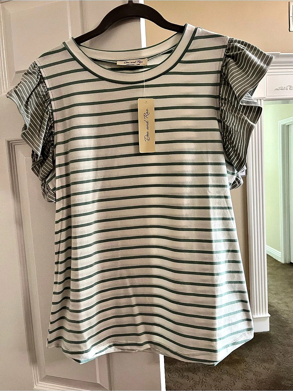 Doe and Rae Walk in the Park Crew Neck Ruffled Sleeve Striped Top Ruffled Sleeve
